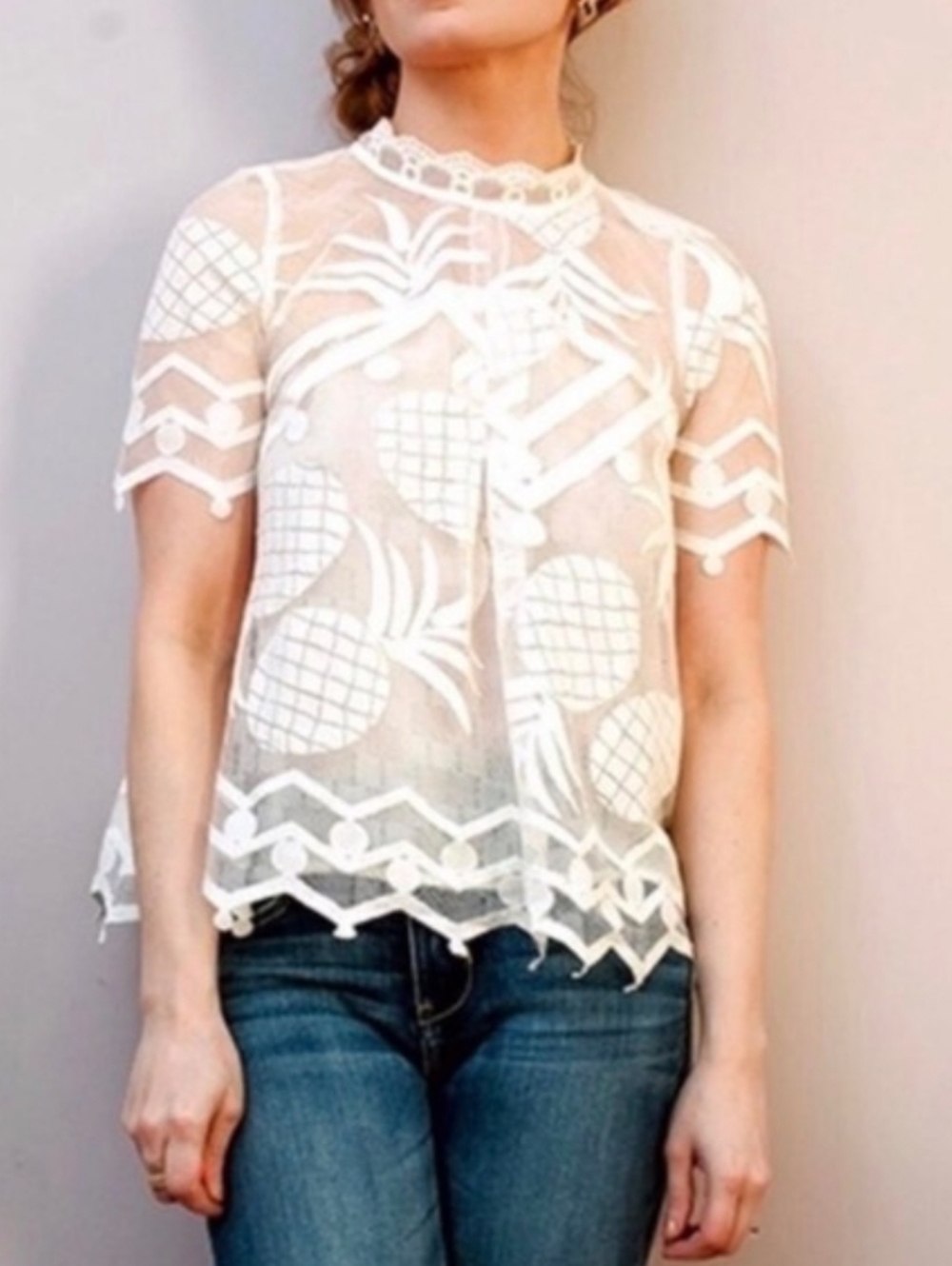 ANTHROPOLOGIE HD In Paris Pineapple Motif Lace Boho Blouse Size 8 Like Brand New